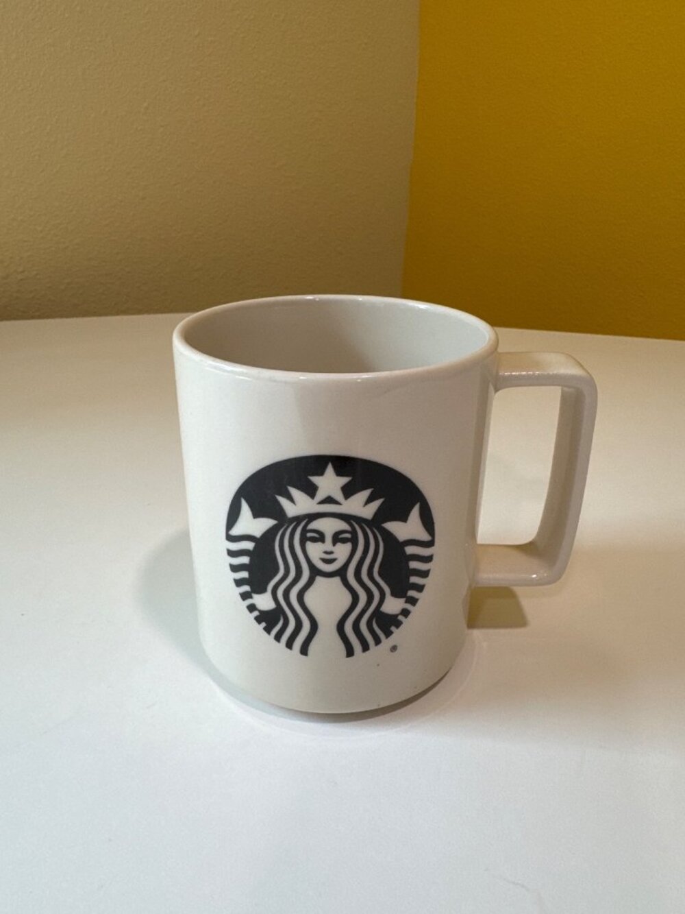 Starbucks White Ceramic Mug 14oz Made In USA With Black Logo Square Handle Durab
